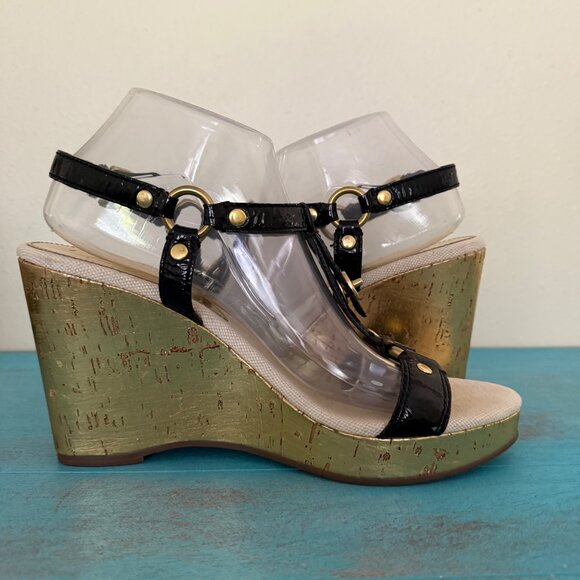 COACH Mercy Crinkle Patent Leather Wedge Sandals Sz 9 - Picture 7 of 13